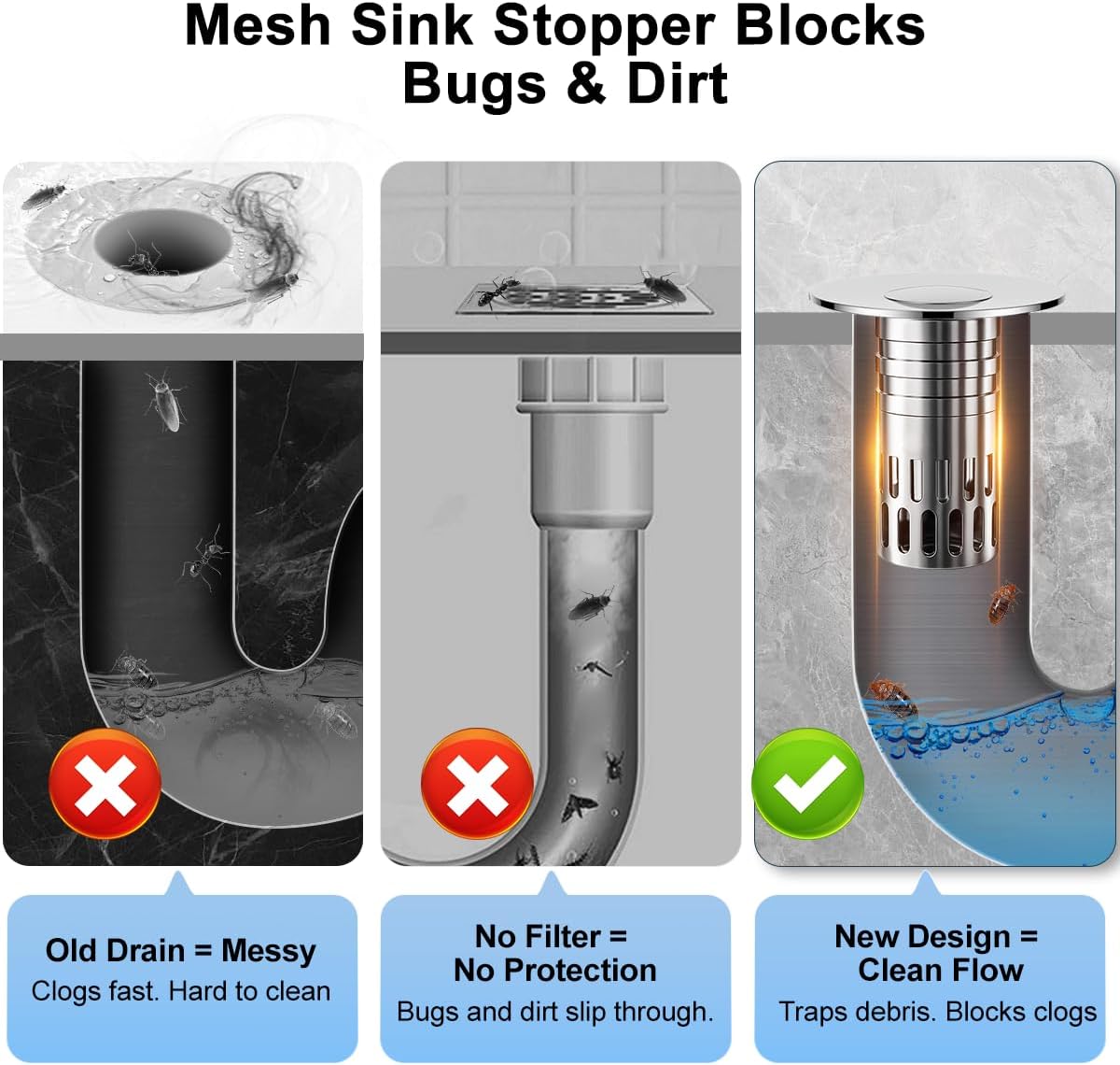 2pack All Metal - Bathroom Sink Stopper,Universal Pop Up Bathroom Sink Drain Strainer with Removable Stainless Steel Filter Basket Hair Catcher, Sink Plug for 1.05''~1.8'' Basin.