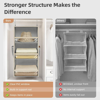 STORAGE MANIAC 6-Shelf Hanging Closet Organizer and Storage, 2 Separable 3-Shelf Haning Organizers for Closet, Collapsible Hanging Shelves Wardrobe Organization, College Dorm Room, Nursery, Beige