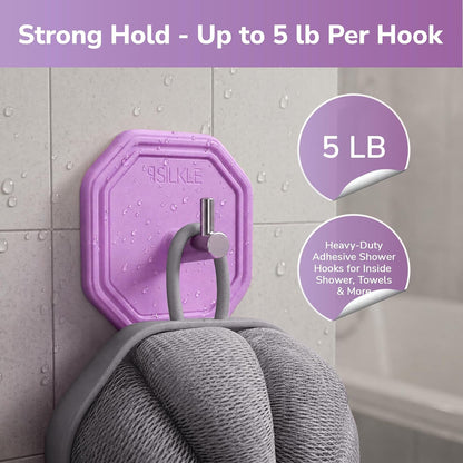 SILKLE Adhesive Silicone Shower Hooks - Adhesive Wall Hooks & Towel Holder for Bathroom, Tile, Glass, No-Drill, Waterproof & Rustproof, Heavy-Duty Stainless Steel, Damage-Free Removal - 2 Pack, Brown
