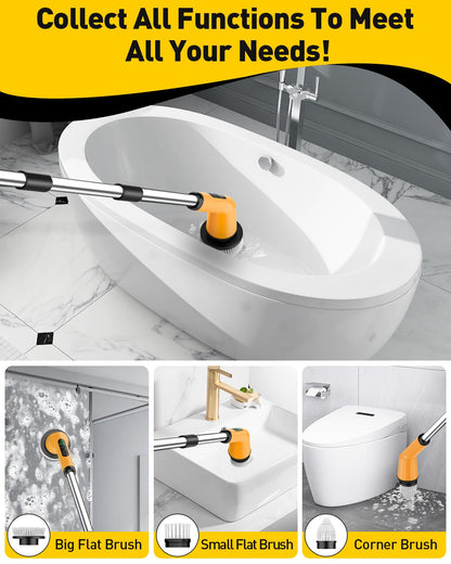 Shower Scrubber with Long Handle, Shower Cleaner Brush with 8 Floor Machine Pads, Cordless Electric Spin Scrubber for Cleaning with 2 Speed, Cleaning Supplies for Bathroom Bathtub Kitchen Floor Tile