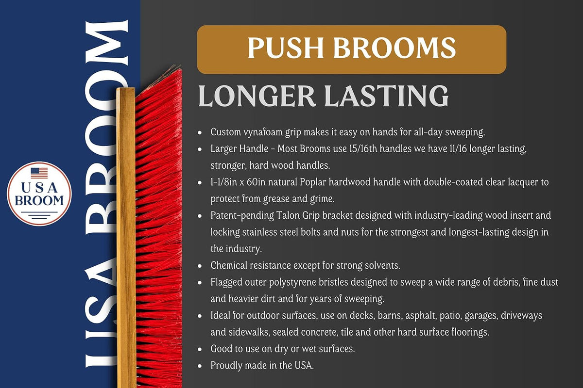 36" Heavy Duty Outdoor Push Broom with 60" Handle. Ideal for Asphalt, Concrete & Heavy Debris. Durable American Made Steel Brackets-Stainless Steel Hardware. No Plastic. 100% USA Made
