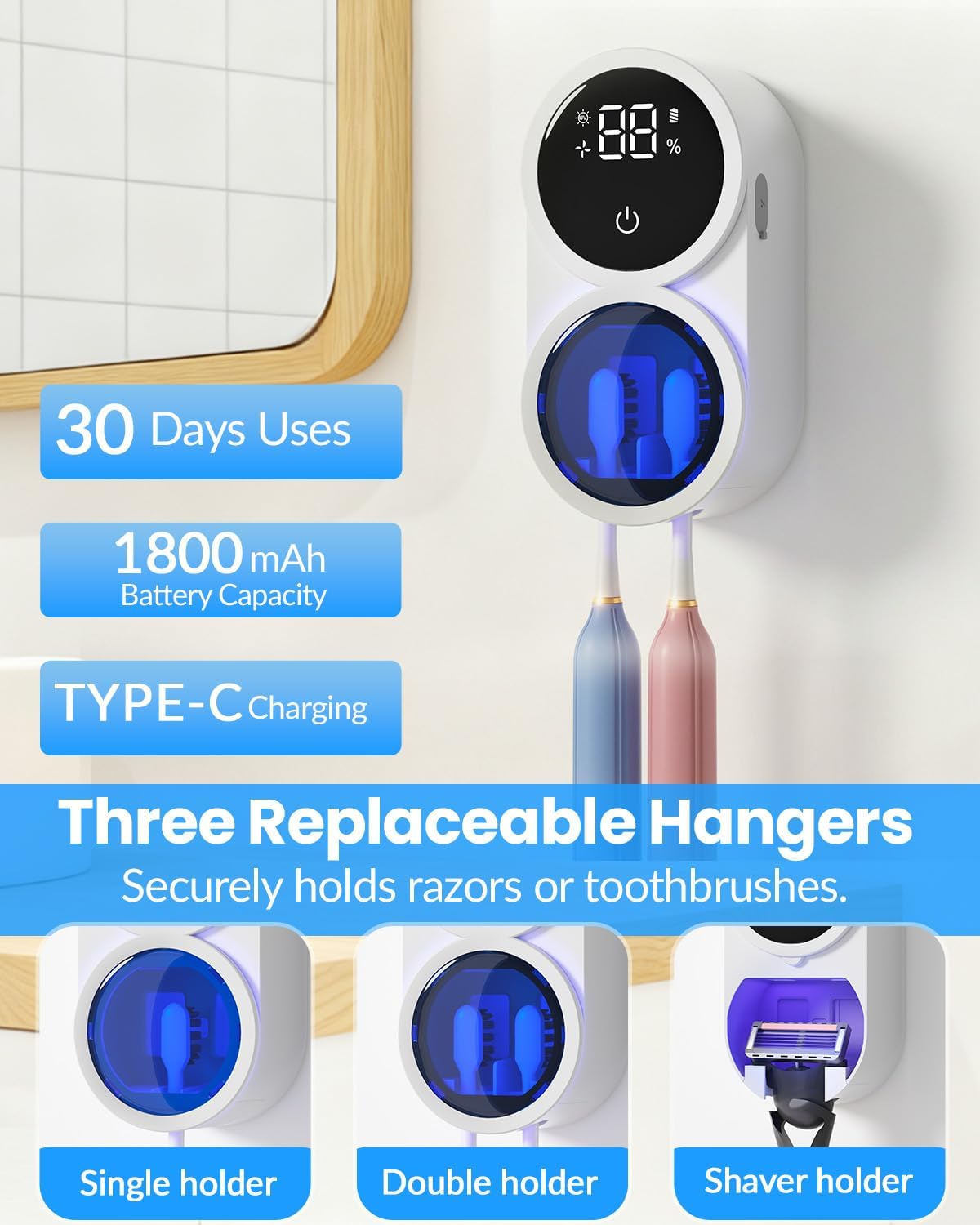 Toothbrush Sanitizer Holder, GEVOODIX Tooth Brush Holder for Bathroom, Wall-Mounted Toothbrush Holders Organizer Auto-Inductive Cover, 140℉ Air Drying Fits Most Electric, Manual and Kids’ Toothbrushes