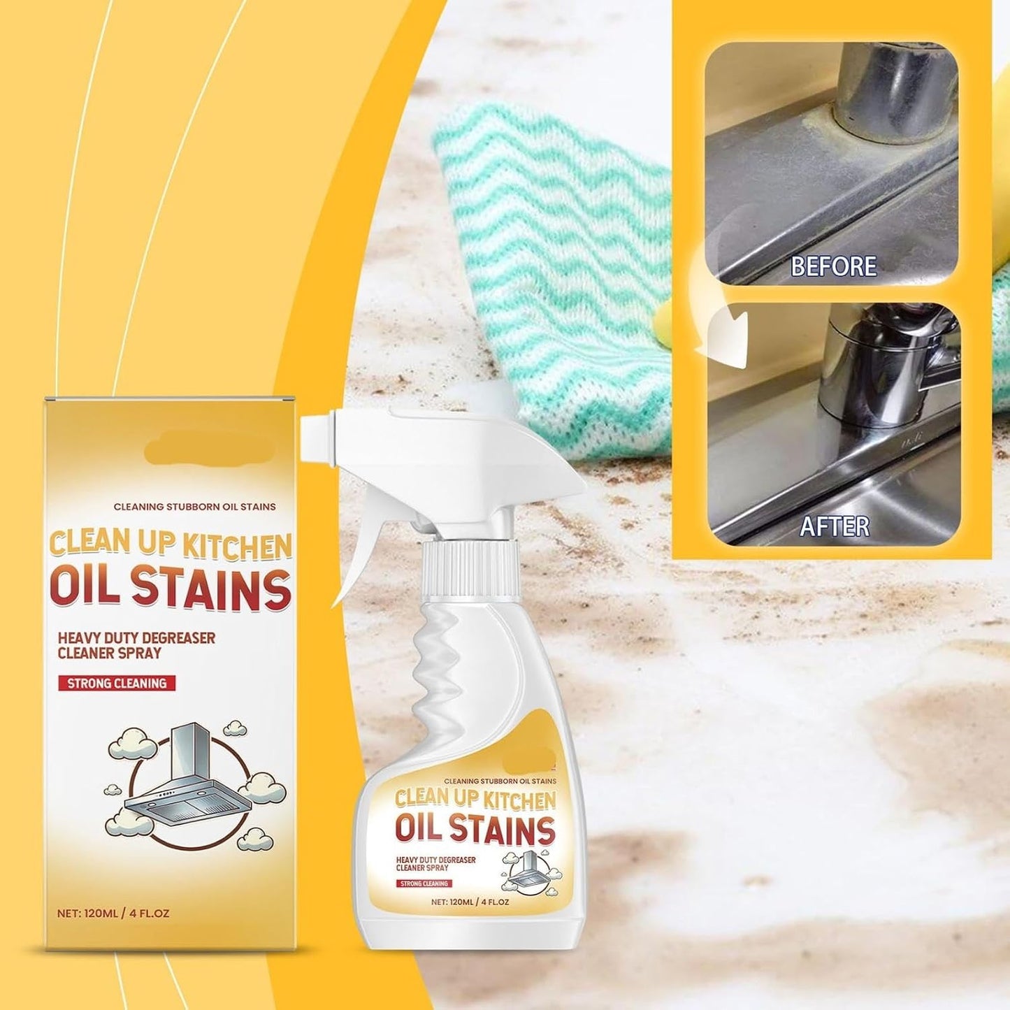 Heavy Duty Kitchen Degreaser Spray – 120ml Heavy Oil Stain Cleaner for Clean Up Kitchen Oil Stains, Multi Purpose for Microwave & Oven & Stove Top (with wash cloth) (1)