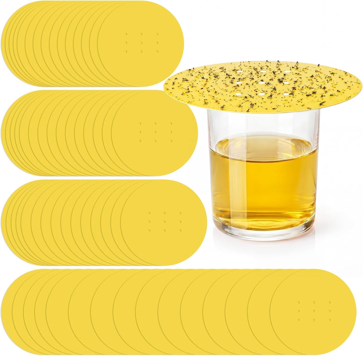 50 Pack Fruit Fly Trap Covers, Single-Sided Sticky Paper Lids, 8 Vent Holes for Vinegar/Wine Bait, Fits Cups & Jars for Indoor Kitchen & Pantry Gnat Control (Round,Yellow)