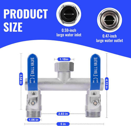 2 Way Garden Hose Splitter, Stainless Steel, Heavy Duty 304 Stainless Steel Full Flow T Valve with Long Handle, Lead-Free Rust & Freeze Resistant, 3/4" GHT Thread Outdoor Water Hose Adapter
