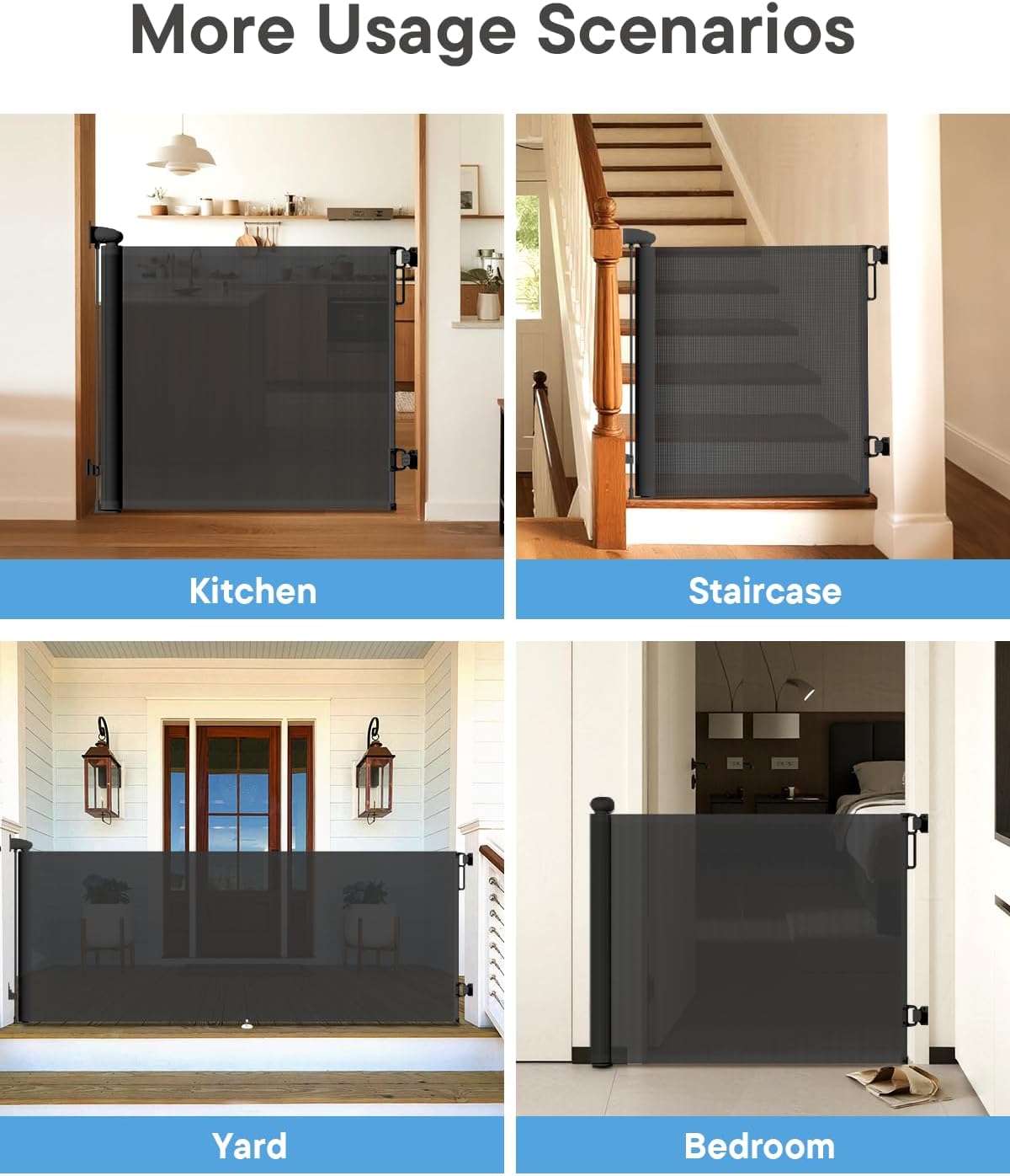 Retractable Baby Gate - 55" Wide Mesh Pet Gate with Anti-Crawling Hook, Safety Lock, One-Hand Operation, 34" Tall Baby Gate for Stairs, Doorways, Hallways, Garage, Indoor Outdoor, Black