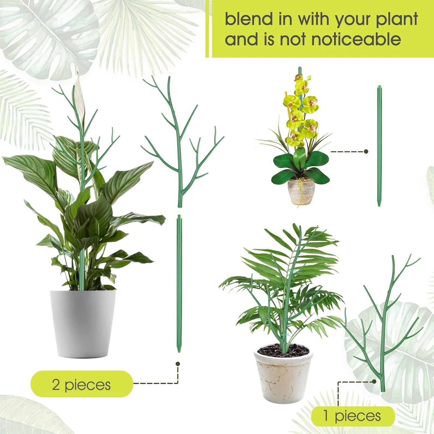 6 Pack Plant Support Stakes for Indoor Plants, 39.37 Inch Tall Twig Plant Sticks with Orchid Clips Twist Ties and Plant Ties for House Potted Monstera Plants Support, Green