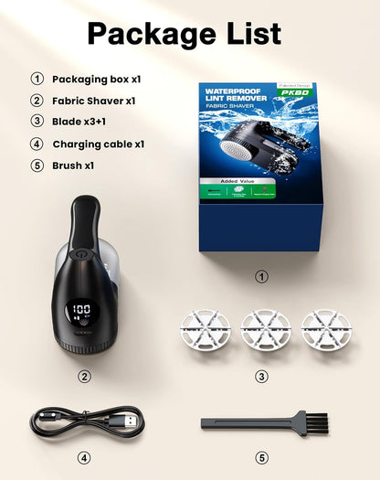 PKBD IPX6 Waterproof Washable Electric Fabric Shaver and Lint Remover, Rechargeable Sweater Defuzzer with 3 Free Extra Blades, Quickly and Effectively Remove Fluff, Fuzz, Bobbles for Clothes, White