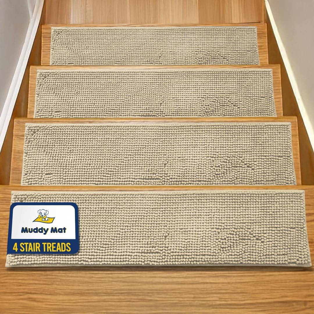 Muddy Mat® Pack of 4 - Soft Chenille Stair Treads Non-Slip Reusable, Super Absorbent Stair Treads for Wooden Steps, Tile & Marble Floor, Easy to Install & Machine Washable - Brown 30'' x 7''