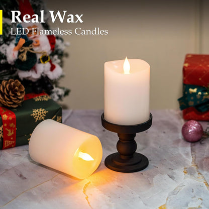 3"x4" Flickering Flameless Battery Candles with Timer, White Realistic LED Pillar Candles, Set of 2 Large Remote-Operated Candles for Home Indoor/Outdoor & Holiday Decor