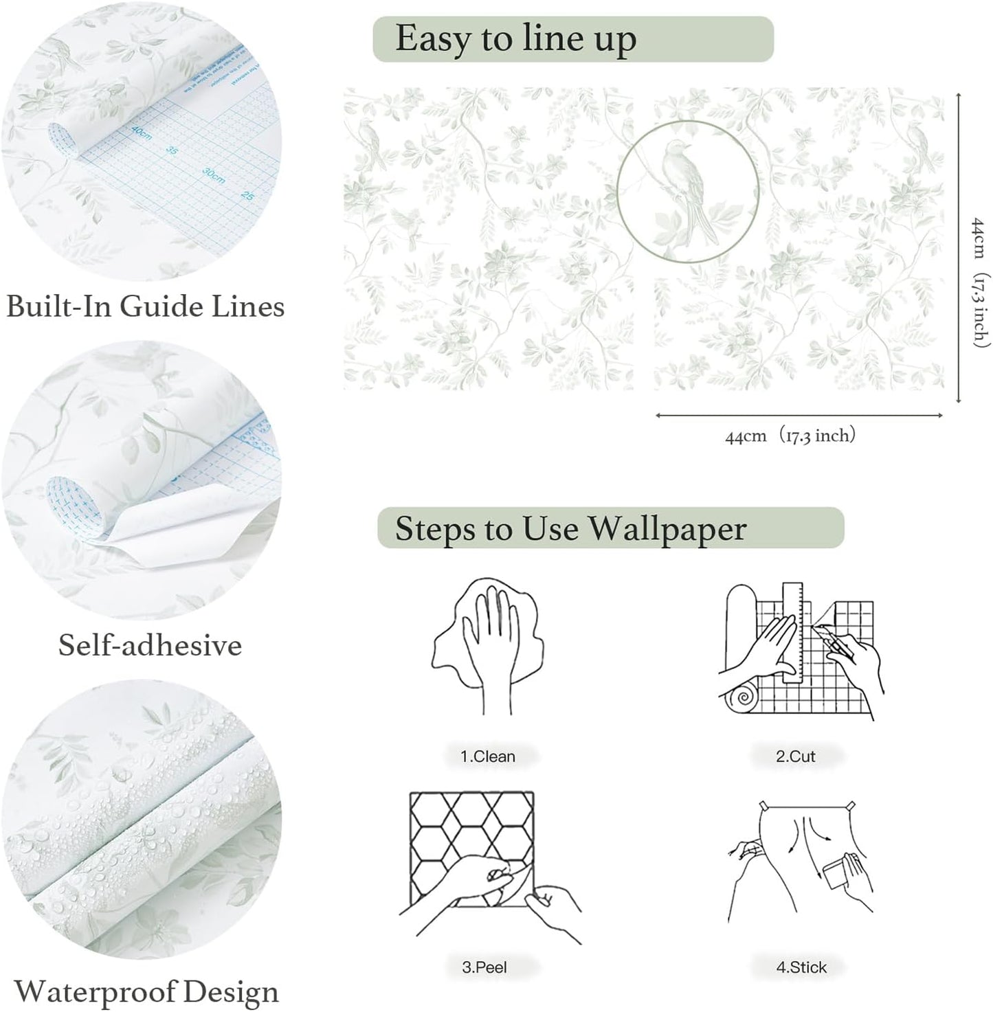 Dimoon 17.3''x78.7'' Vintage Peel and Stick Wallpaper Boho Beige Neutral Contact Paper White Floral Bird Wallpaper Removable Botanical Renter Friendly Modern Wall Paper Bedroom Bathroom Vinyl Roll