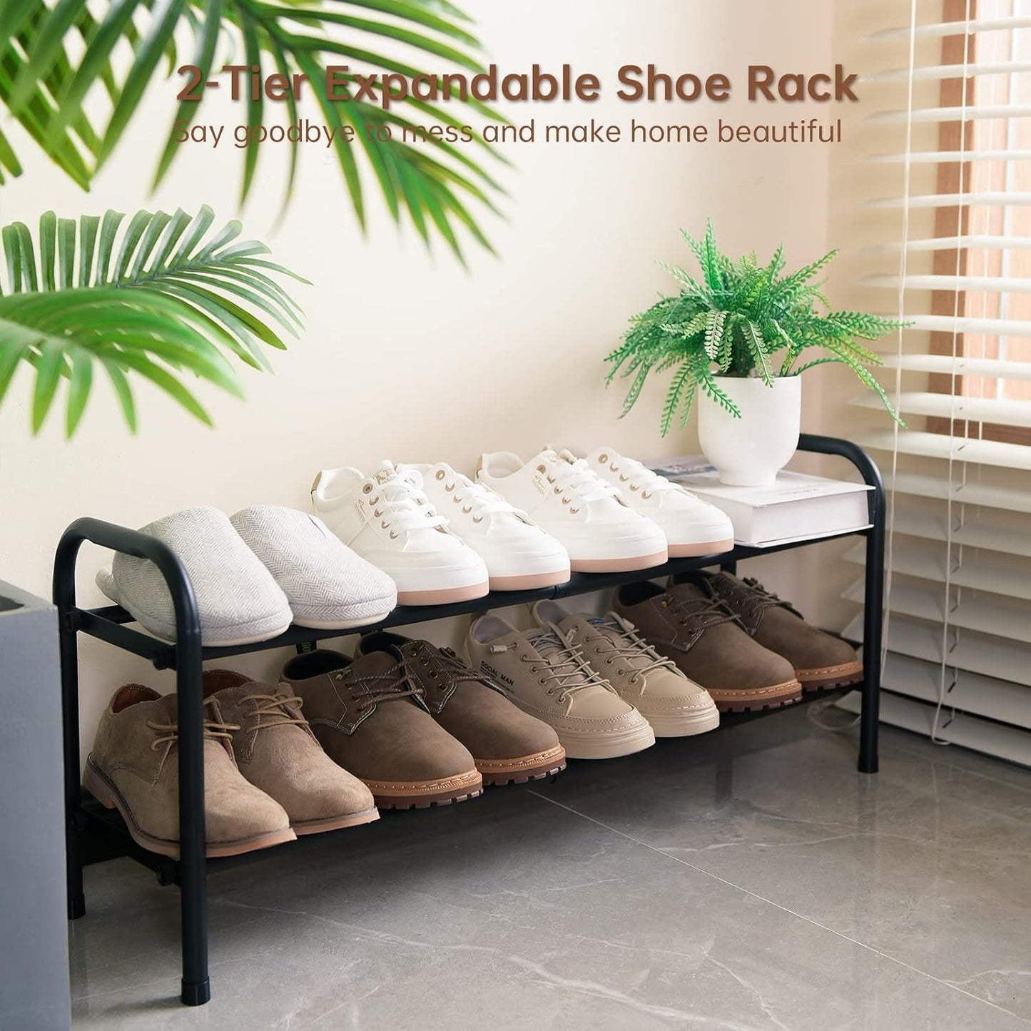 Gonfoam Shoe Rack for Closet, Expandable Shoe Organizer Storage Shelf, Adjustable Metal Free Standing Small Closet Shoe Rack for Entryway, Doorway (2-Tier Black)