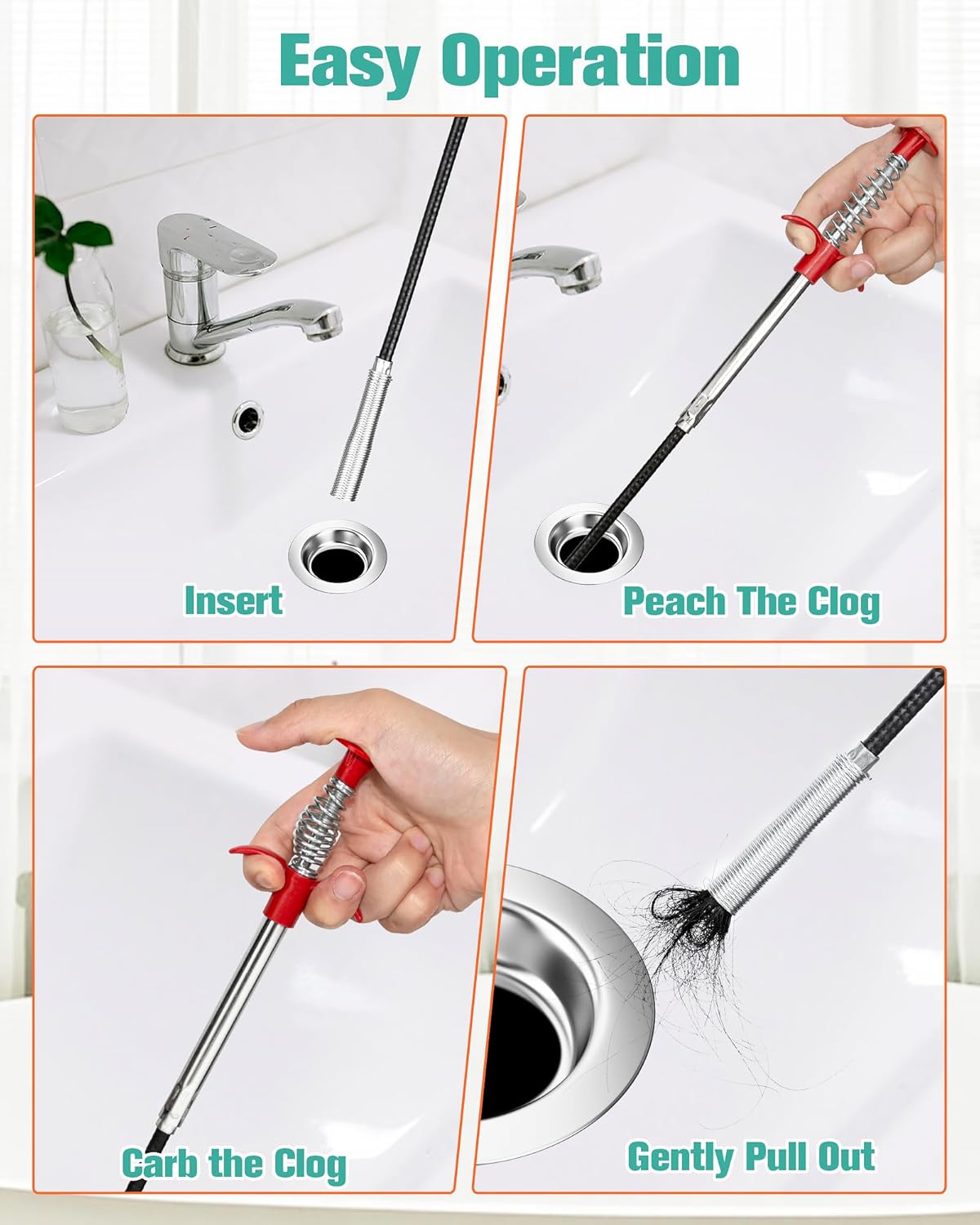 Oanie 7 Pack Drain Cleaner - 25inch Hair Clog Remover Tool, Sticks To Drain Hair, Sink Snake for Shower, Kitchen Sink, Bath Tub, Bathroom