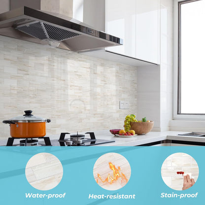 STICKGOO 10-Sheet Subway Tile Peel and Stick Backsplash, Seamless Design Polished Eurasia Beige Kitchen Backsplash Wall Tiles, Glossy Surface Waterproof Stick on Tile for Bathroom, RV, Fireplace