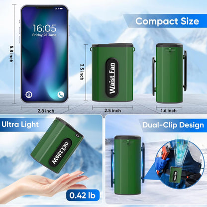 Multper Portable Waist Fan, 4 Speed 18000RPM Strong Airflow, Rechargeable Personal Neck Fan Up to 20H Runtime, Hands-Free Hanging Personal Waist Fan with Dual-Sided Clip for Traveling Camping Jobsite
