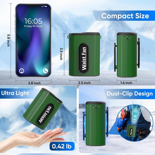 Multper Portable Waist Fan, 4 Speed 18000RPM Strong Airflow, Rechargeable Personal Neck Fan Up to 20H Runtime, Hands-Free Hanging Personal Waist Fan with Dual-Sided Clip for Traveling Camping Jobsite