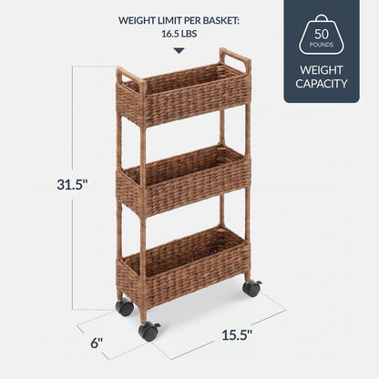 Best Choice Products 3-Tier Slim Water Hyacinth Rolling Nursery Caddy w/Wheels, Handwoven Utility Cart, Narrow Storage Organization for Bathroom, Craft Room, Laundry Room - Natural