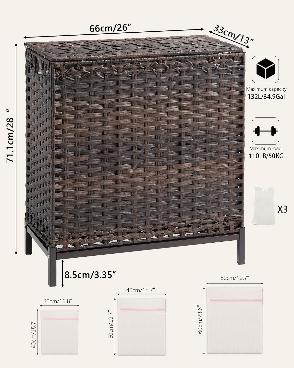 SETVSON Laundry Hamper with Lid 132 L, (35 Gallons) Clothes Hamper with Lid, Handwoven Rattan Laundry Hamper with Metal Heightened Feet, Laundry Hampers with 3 Removable Liner Bags for Laundry-Natural