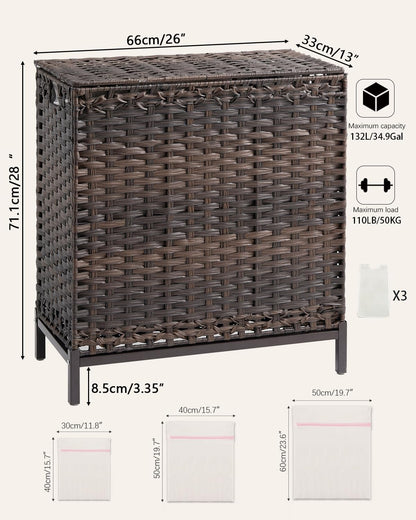 SETVSON Laundry Hamper with Lid 132 L, (35 Gallons) Clothes Hamper with Lid, Handwoven Rattan Laundry Hamper with Metal Heightened Feet, Laundry Hampers with 3 Removable Liner Bags for Laundry-Natural
