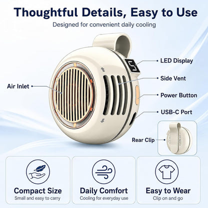 Portable Clip on Fan, Bladeless Waist Clip Fan with 5 Speeds, USB-C Rechargeable Mini Quiet Fan, LED Display, 1000mAh Battery, 82g Lightweight, Up to 6 Hours for Outdoor Office Travel Sports, Beige