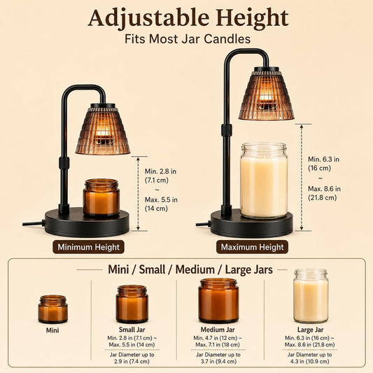 Candle Warmer Lamp with Timer, Dimmer, Vintage Glass Shade | Adjustable height, 2/4/8-hour timer, wood base, 2 bulbs included