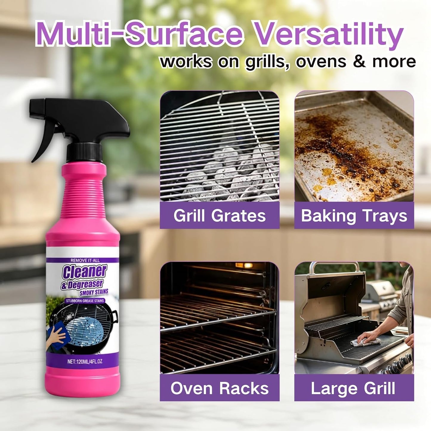 Cleaner&Degrcaser Smoky Stains,Fast-Acting Grill Cleaner Spray,120ml Fast Acting Grill Degreaser Spray for Outdoor Grills,Heavy Duty BBQ Degreaser for Burnt Food & Stubborn Grease. (1)
