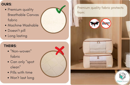 Chaos Cleared Canvas Storage Bags Designer Organizer for Comforters 2 Pack – Seasonal Storage for Pillows, Blankets, Linens & Garments – Foldable Design with Zip & Window, Moth-Proof Space Saver