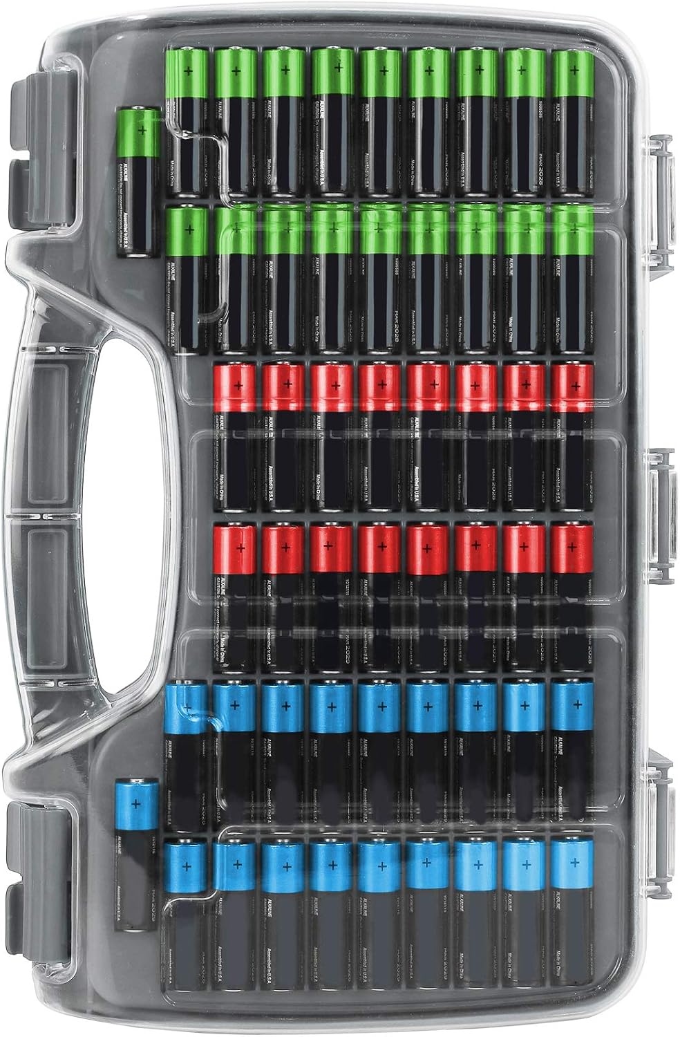The Battery Organizer, Battery Storage Organizer Hinged Clear Cover with Locking Lid, Holds 180 Batteries, Includes a Removable Battery Tester, Holder for Garage Organization, Charcoal