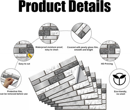 12-Sheet White Peel and Stick Wallpaper, Subway Tile 6''x12'' Self Adhesive Wall Tiles Waterproof PVC Stick on Backsplash Vinyl Decorative Tiles Stickers for Kitchen Bathroom