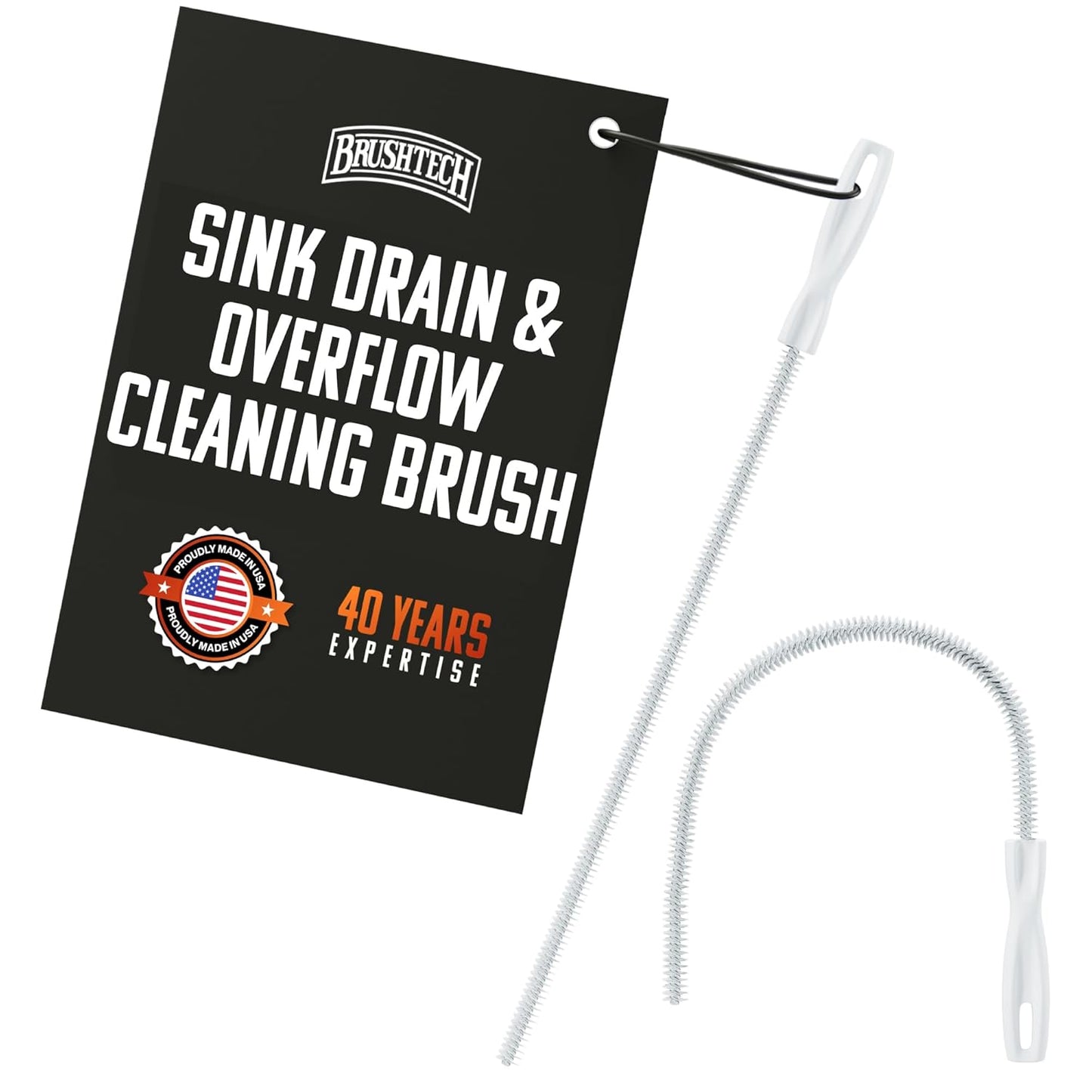 Brushtech Sink Drain & Overflow Cleaning Brush - Thin & Flexible Drain Cleaning Gadget for Clogs, Hair, & Debris - Long Pipe Cleaning Brush for Kitchen & Bathroom Sink Maintenance - Made in USA