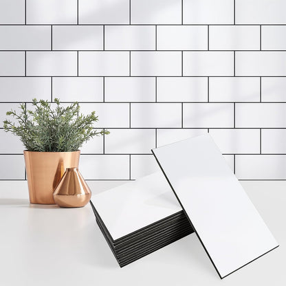 StyloVue 100 Pieces Peel and Stick Backsplash for Kitchen, 3" x 6" PVC Subway Tile, Glossy White with Dark Gray Grout, Self Adhesive Stick on Wall Tiles for Kitchen, Bathroom, Fireplace, RV