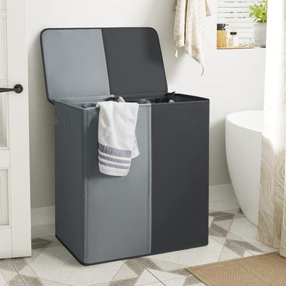 WOWLIVE Double Laundry Baseket with Lid and Removable Laundry Bags,154L Large Laundry Hamper 2 Section Collapsible Dirty Clothes Hamper for Laundry Room,College Dorm,Bathroom,Black and Beige