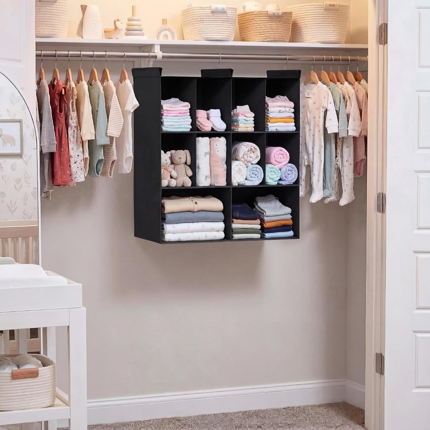 Ofiray-home 6 Tier Hanging Closet Organizer, 16 Compartments Sweater Organizer for Closet with 3 Sturdy Hooks, Closet Organizers and Storage, Wardrobe, Rv, Garment Rack, Grey