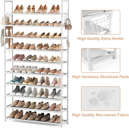 VTRIN 10 Tiers Tall Shoe Rack Holds 20-25 Pairs of Shoes Sturdy Vertical Shoe Organizer with 18pcs Hooks Stackable Narrow Shoe Rack for Closet, Entryway Black