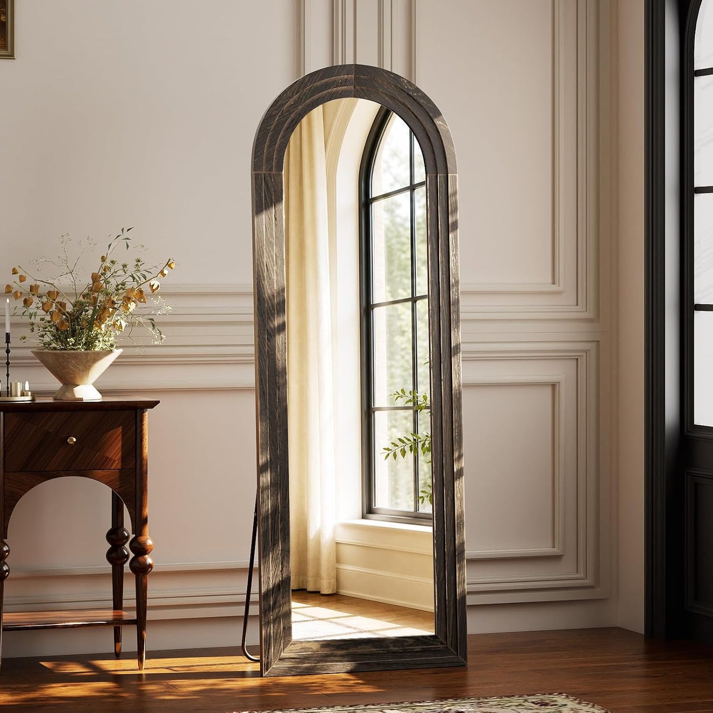 XRAMFY Full Length Mirror 65" x 22", Arched Large Floor Mirror with Solid Wood Frame, Freestanding & Wall Mounted, Antique Brown Finish for Bedroom Living Room