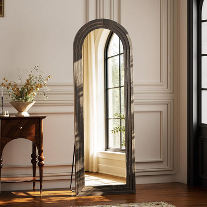 XRAMFY Full Length Mirror 65" x 22", Arched Large Floor Mirror with Solid Wood Frame, Freestanding & Wall Mounted, Antique Brown Finish for Bedroom Living Room