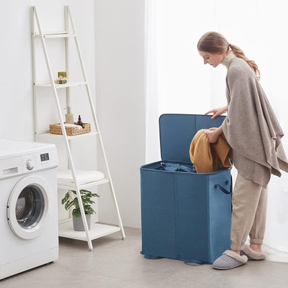 Lifewit Double Laundry Hamper with Lid and Removable Laundry Bags, Large Collapsible 2 Dividers Dirty Clothes Basket with Handles for Bedroom Laundry Room Closet Bathroom College, 136L Beige