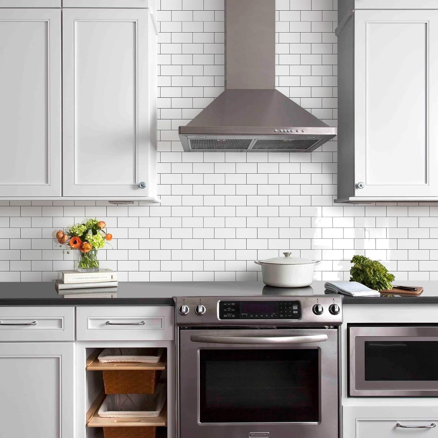 Vamos Tile 100-Piece Glossy Dolomite White Peel and Stick Backsplash Tile,3''x6'' PVC Subway Tile with White Grout, Stick on Backsplash for Kitchen/Bathroom/Fireplace