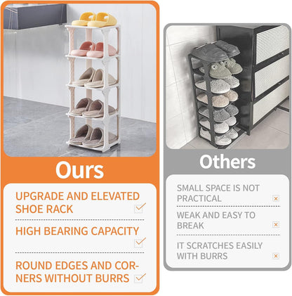 5 Tiers Vertical Shoe Rack, Narrow Free Standing Shoe Storage Organizer for Entryway and Small Closet, Stackable Shoe Holder Shelf Stability DIY, Black