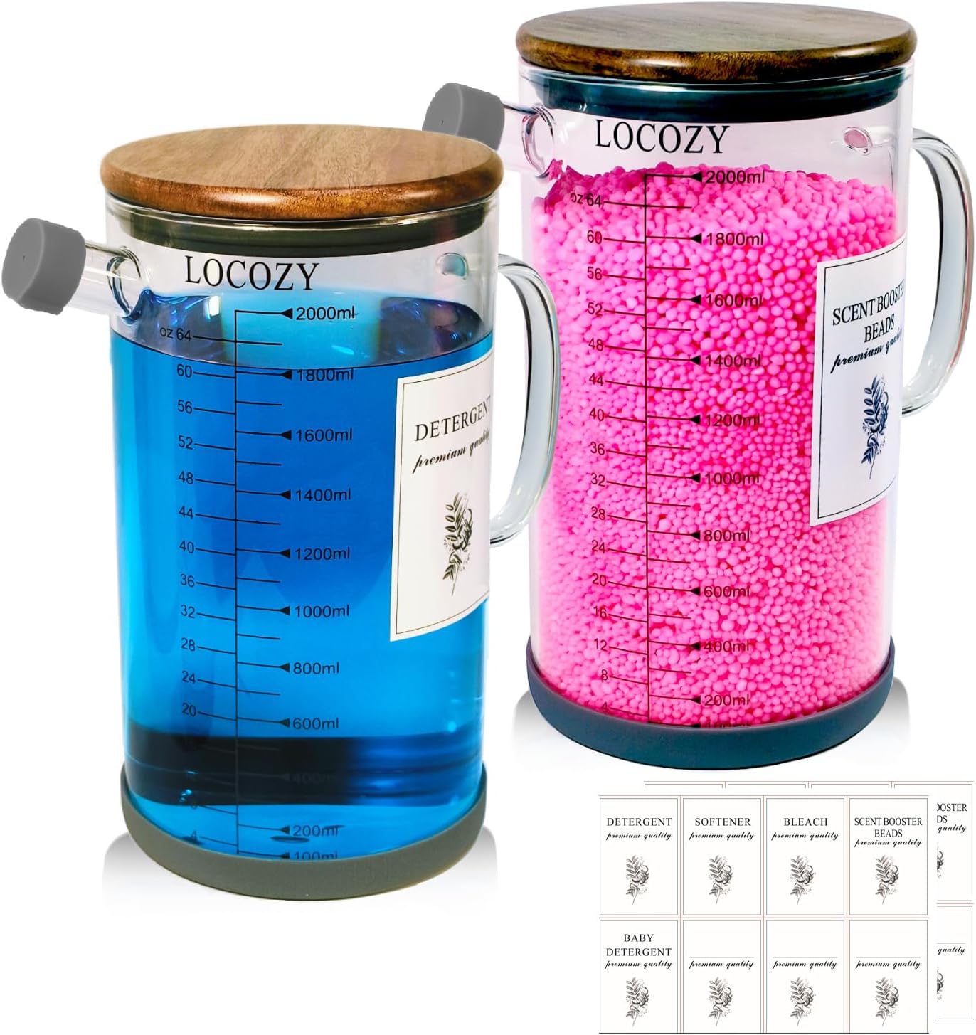 2-Pack 50oz Glass Laundry Detergent Dispenser with Acacia Wood Lid - Airtight Design, Dual oz/ml Scales | Laundry Room Organization & Storage for Fabric Softener, Beads, Powder, Bleach