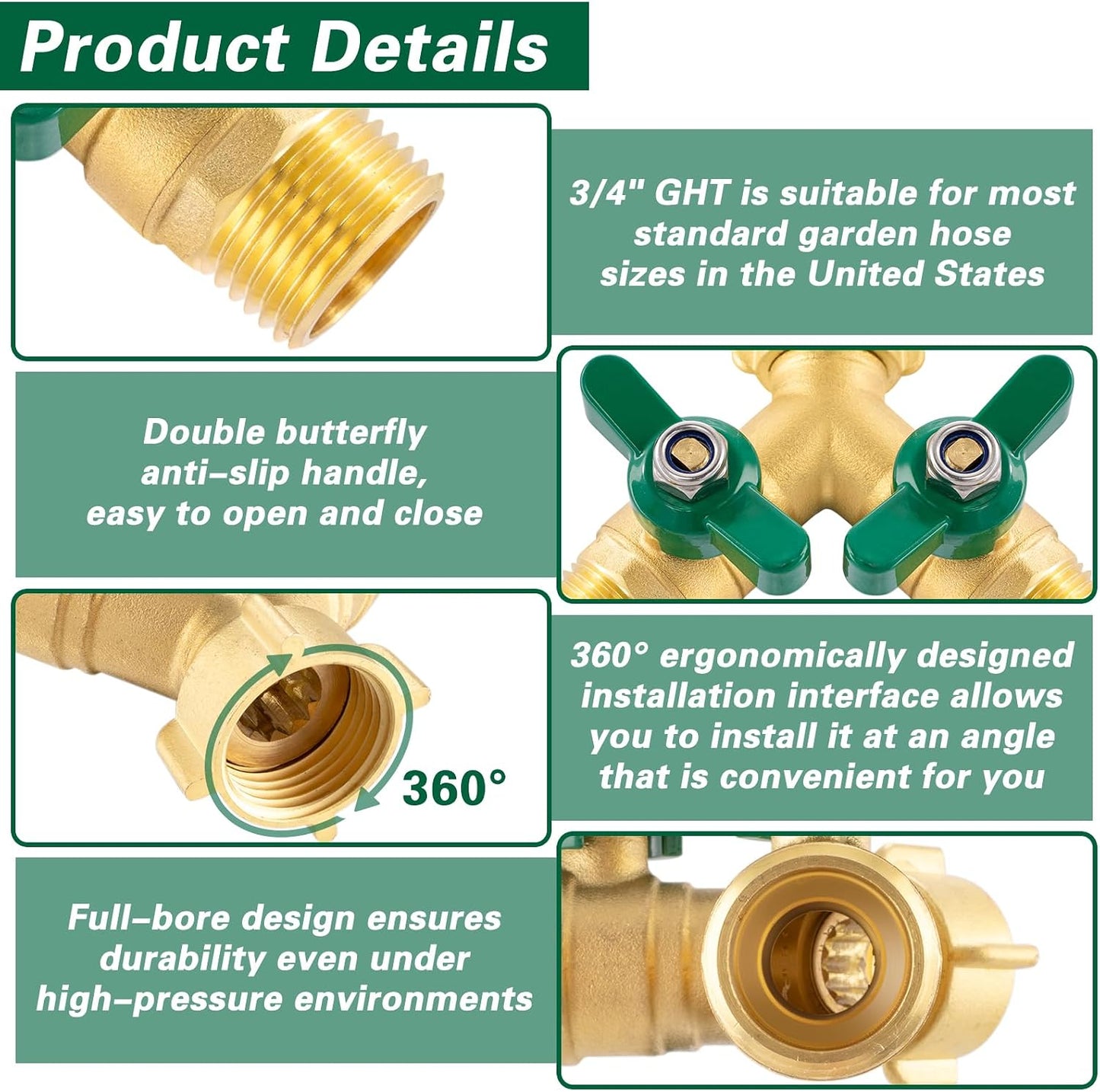 Heavy Duty Garden Hose Splitter 2 Way, Brass Full Flow Y Hose Splitter with Thickened Easy-Turn Handle, 3/4" GHT Outdoor Faucet Connector with Shut-Off Valves