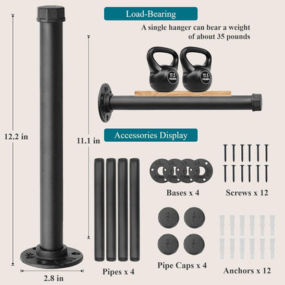 Cast Iron Wall Mounted Clothes Rack, Heavy Duty Industrial Pipe Clothing Rack for Hanging Clothes, Garment Racks for Wardrobe Organizers and Storage, DIY Closet Rods Closet Bar (Black 2 Pack, 12 in)