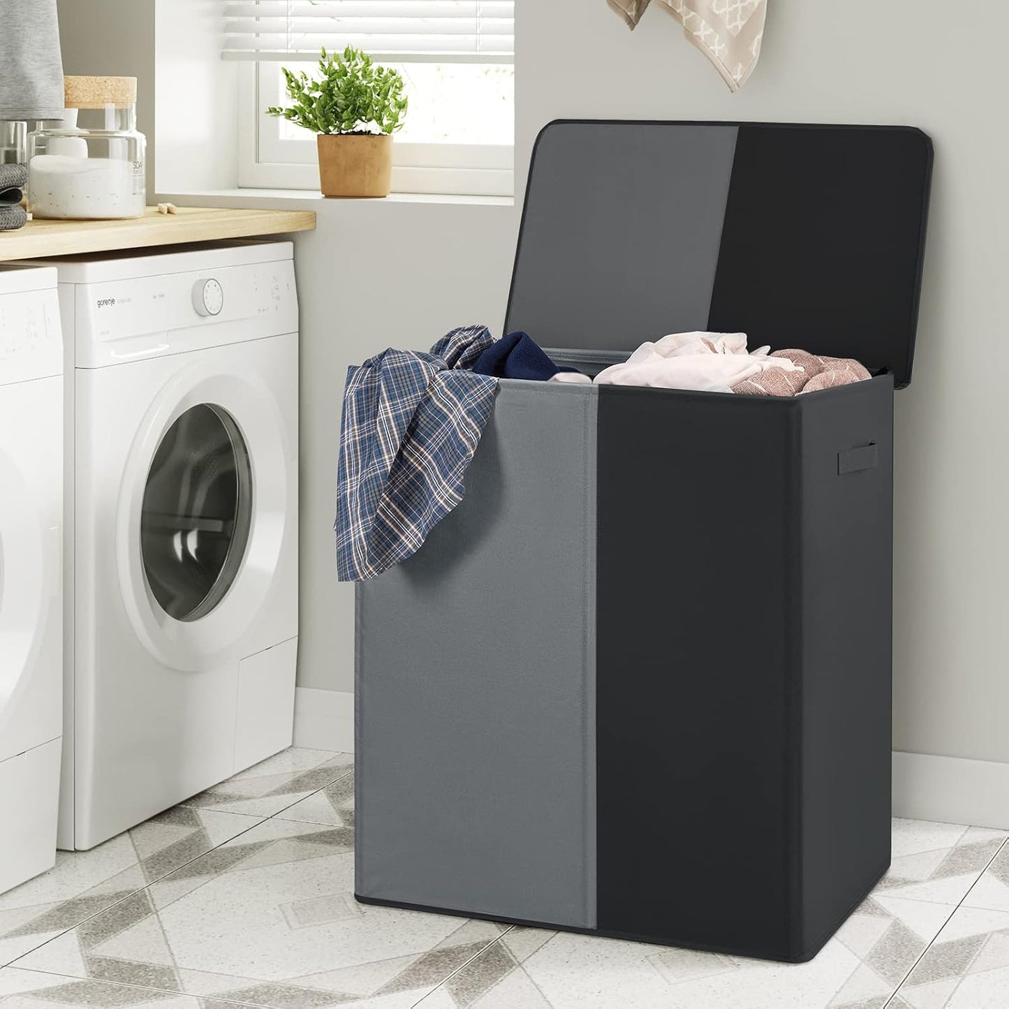 WOWLIVE Double Laundry Baseket with Lid and Removable Laundry Bags,154L Large Laundry Hamper 2 Section Collapsible Dirty Clothes Hamper for Laundry Room,College Dorm,Bathroom,Black and Beige