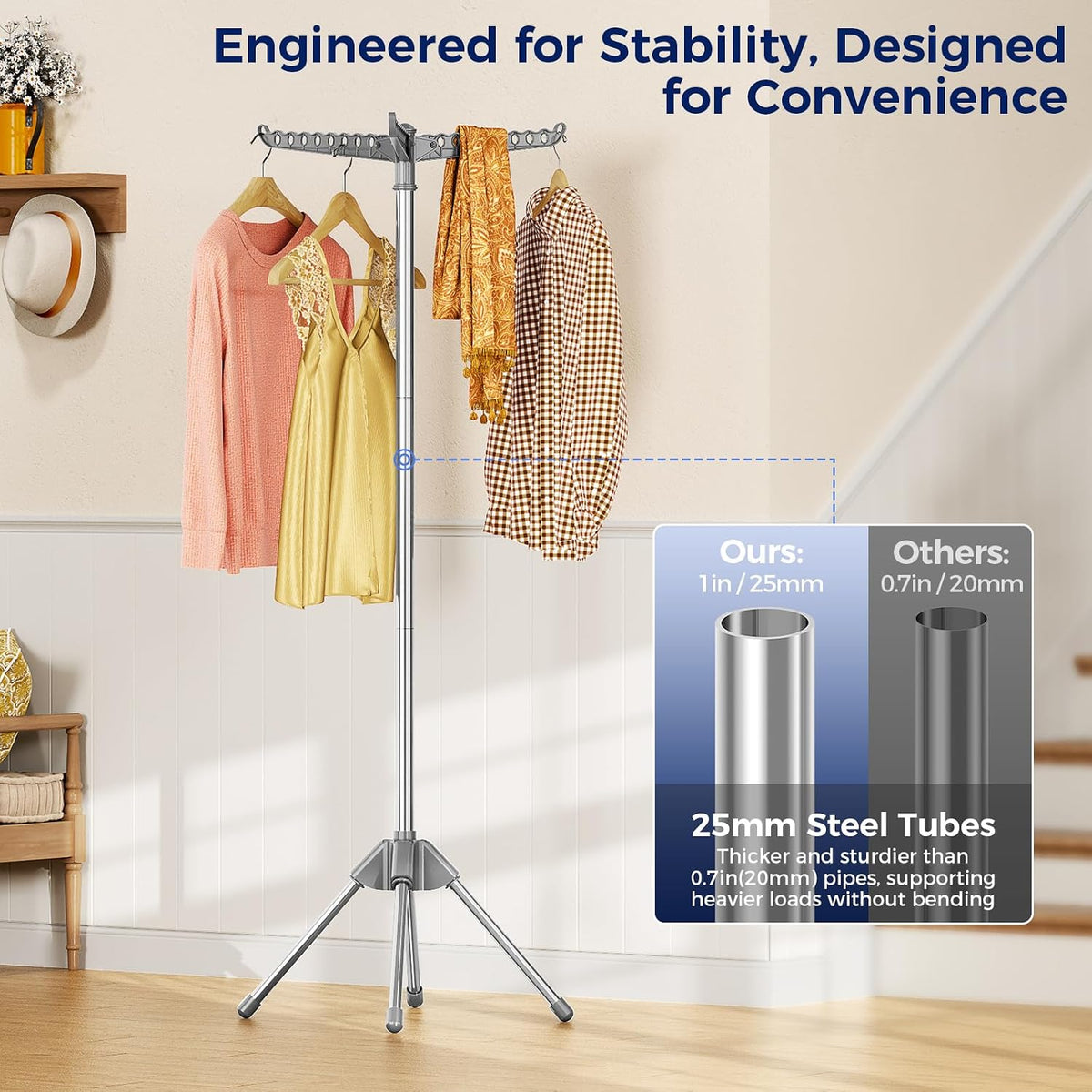 KINGBOARD Clothes Drying Rack, 72-Inch 2-Tier Stainless Steel, Grey | 2-Tier Design, 6 Rotating Arms, 27 Hanger Holes, 24 Clips, 4-Leg Base, Compact Storage, Indoor and Outdoor Use