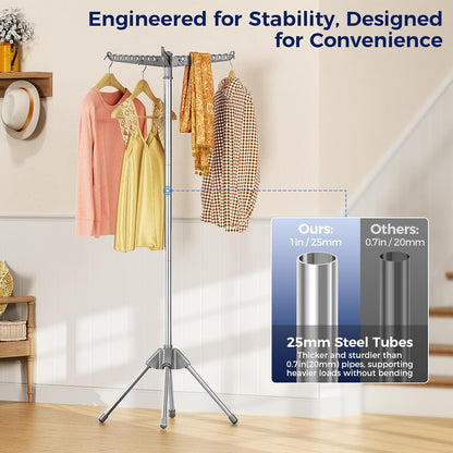 KINGBOARD Clothes Drying Rack, 72-Inch 2-Tier Stainless Steel, Grey | 2-Tier Design, 6 Rotating Arms, 27 Hanger Holes, 24 Clips, 4-Leg Base, Compact Storage, Indoor and Outdoor Use