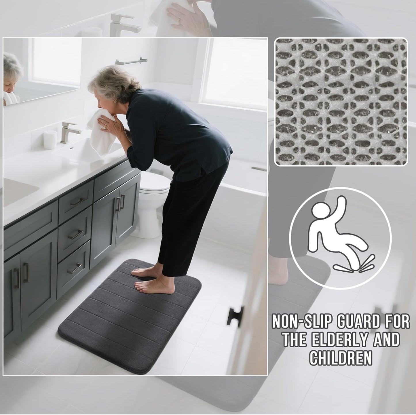 Yimobra Memory Foam Bath Mat, Super Soft Absorbent Bathroom Rug Non Slip, Quick Dry, Machine Washable Floor Carpet for Tub Shower, Home Decor Accessories, 24x17, Grey