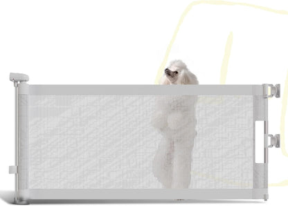 15.7" H Mesh Short Dog Gate, Extends Up to 59" W Retractable Pet Gate with Drill Installation, Small Dog Gate for Stairs, Easy Step Over Low Puppy Gate for Doorways Indoor Outdoor, White