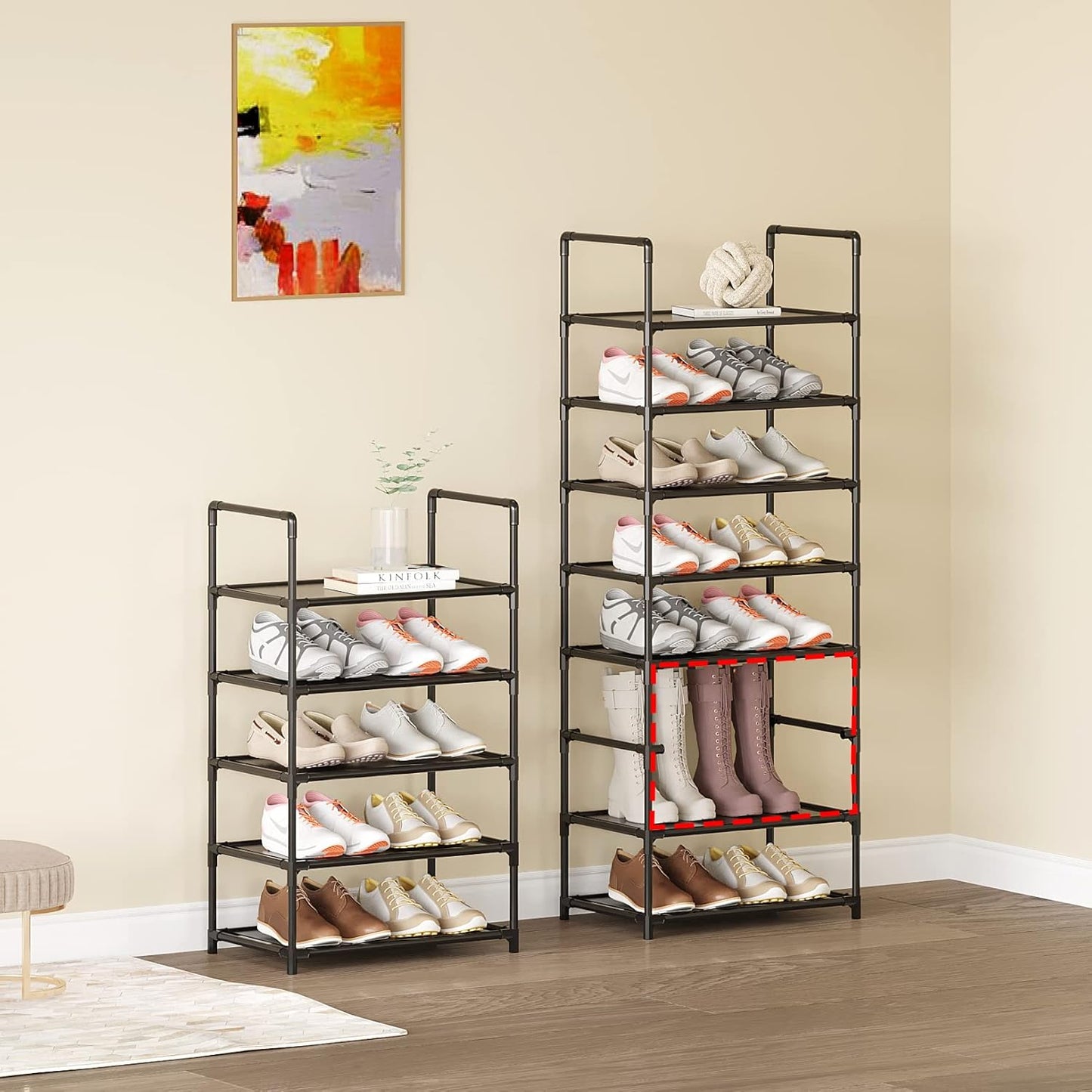 Small Shoe Rack 6-8 Pairs Sturdy Shoe Shelf 4-Tiers Narrow Stackable Shoe Organizer,Lightweight Kids Shoe Racks for Entryway, Doorway and Closet（Black）