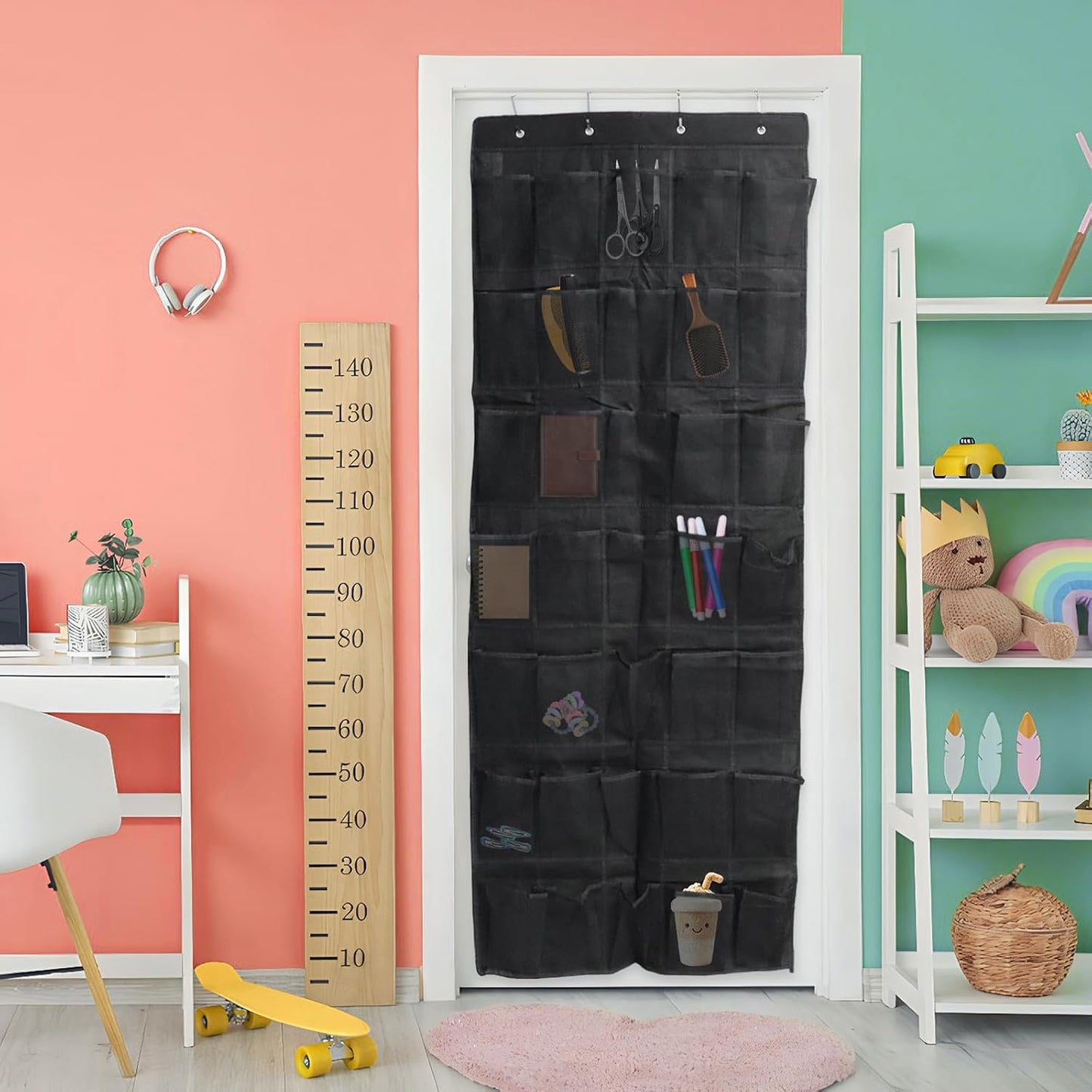 Over the Door Shoe Organizer, 12 Mesh Pockets Hanging Shoe Organizer with 4 Metal Hooks (Black)