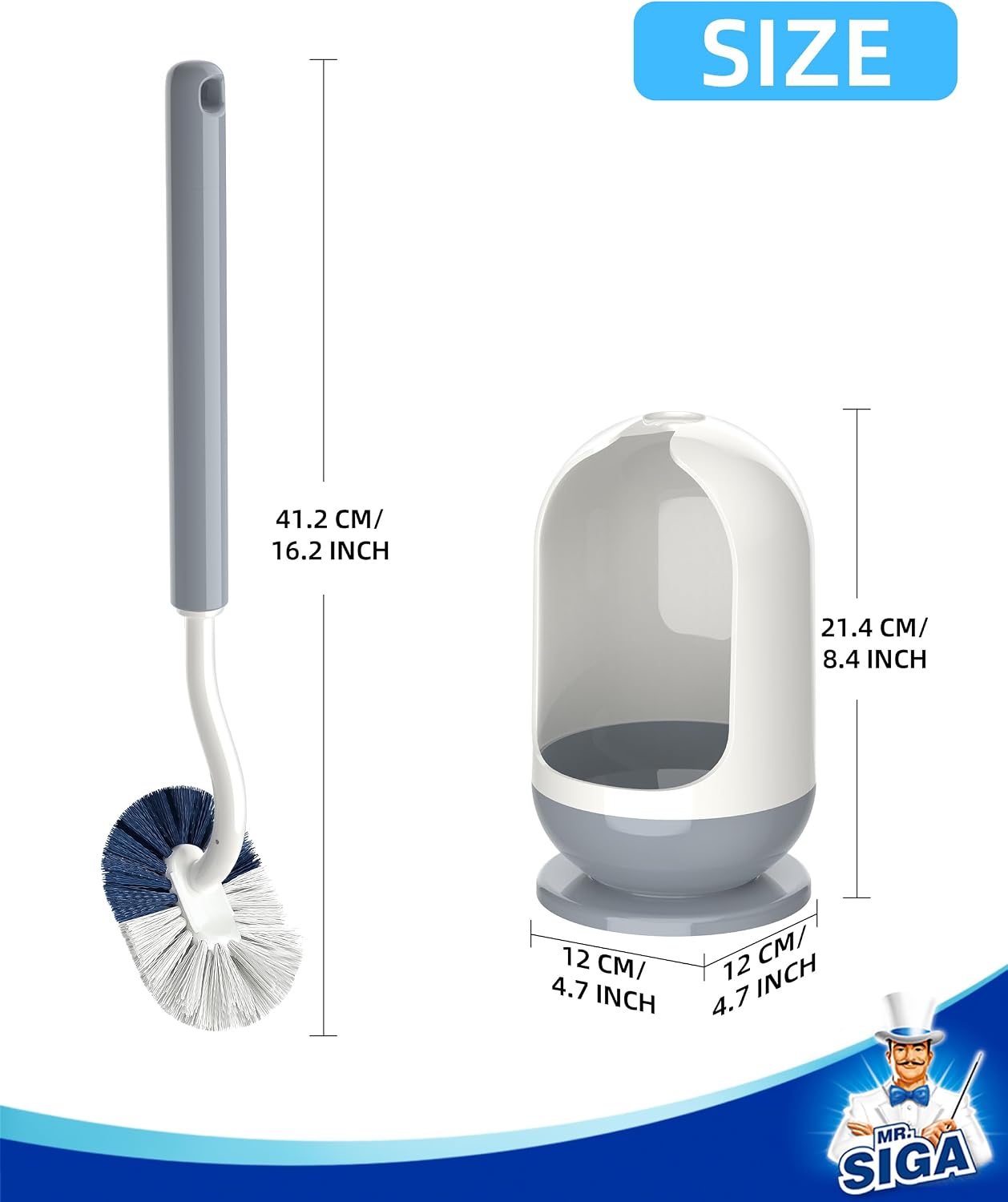 MR.SIGA Toilet Brush with Holder, Under Rim Toilet Bowl Brush with Curved Design for Hard to Reach Corners, 16.2 inch(41.1cm) Long Handle, White & Gray, 1 Pack